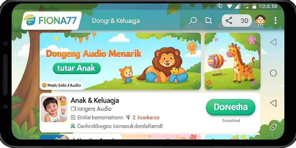 Antarmuka FIONA77 menampilkan koleksi dongeng audio yang menarik.