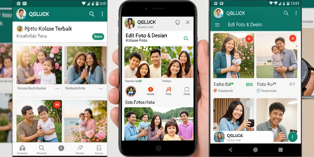 Antarmuka QGLUCK menampilkan fitur Kolase Foto yang aesthetic dan user-friendly.